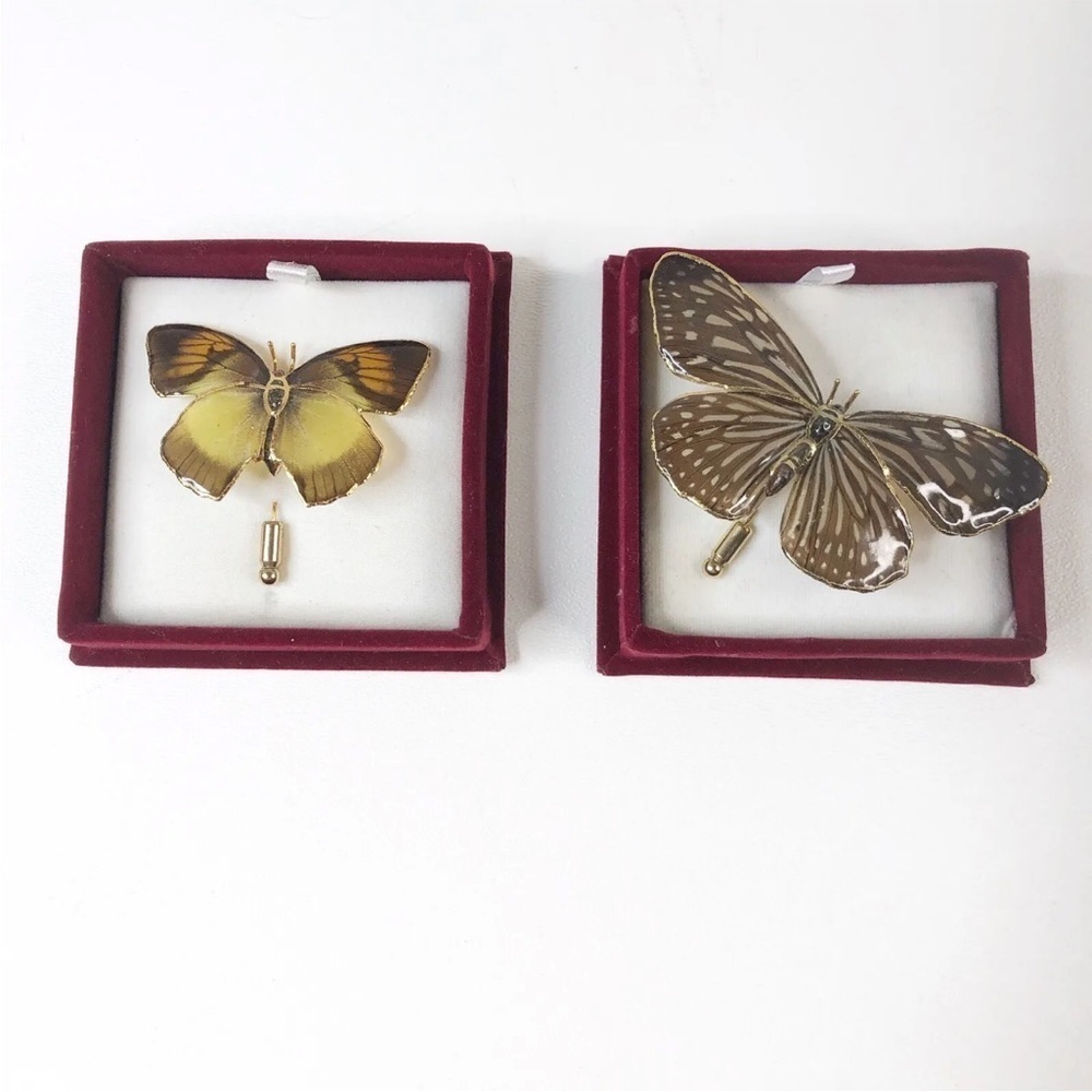 Vintage Butterflies Glass Brooch Pin Papillon Gold Trim Set Of 2 Brooches